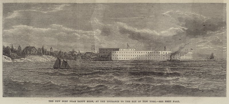 Het nieuwe fort bij Sandy Hook, bij de ingang van de baai van New York (gravure) door English School