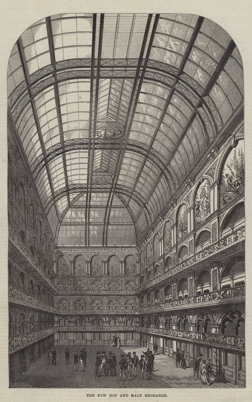 De nieuwe hop- en moutbeurs (gravure) door English School