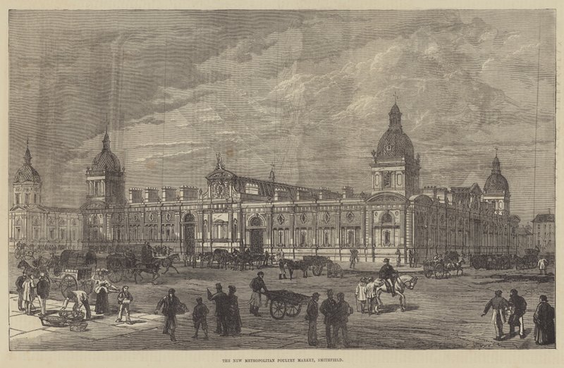 De nieuwe Metropolitan pluimveemarkt, Smithfield (gravure) door English School
