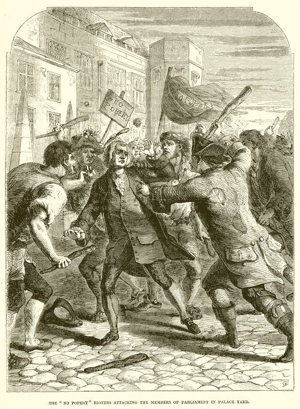 De No Popery relschoppers vallen de parlementsleden aan in Palace Yard door English School