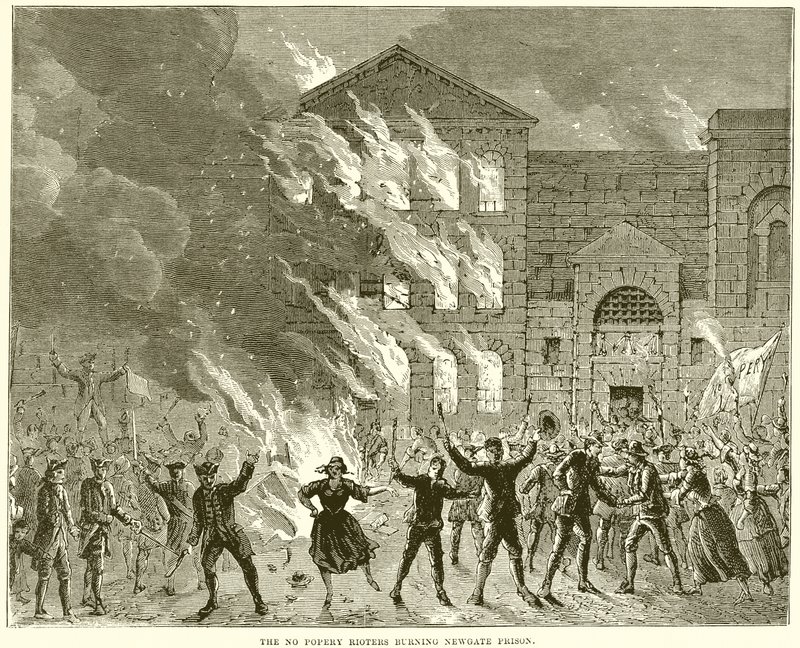 De No Popery relschoppers die de Newgate gevangenis in brand steken door English School