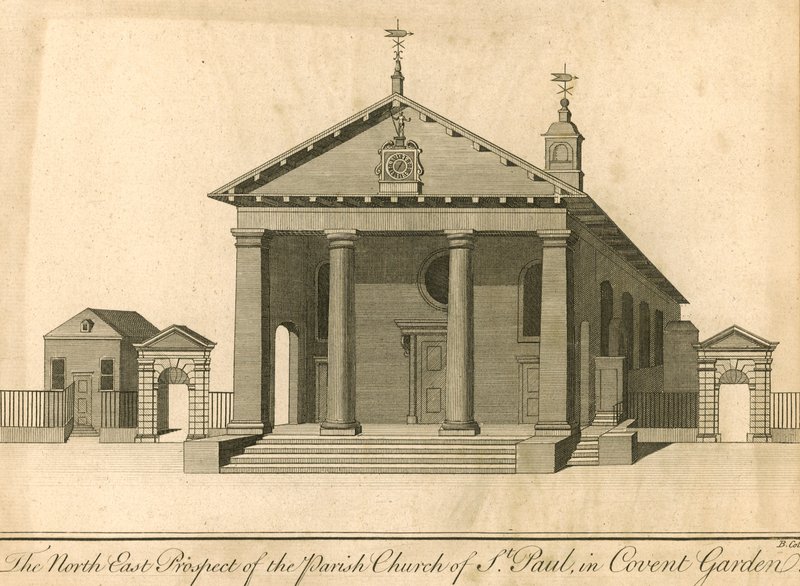 Het noordoostelijke uitzicht van de parochiekerk van St. Paul in Covent Garden, Londen door English School
