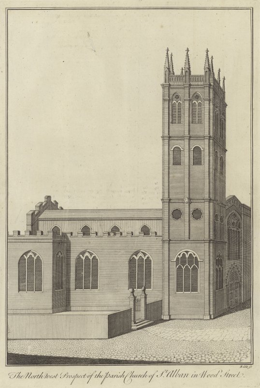 Het noordwestelijke aanzicht van de parochiekerk van St Alban in Wood Street, Londen door English School