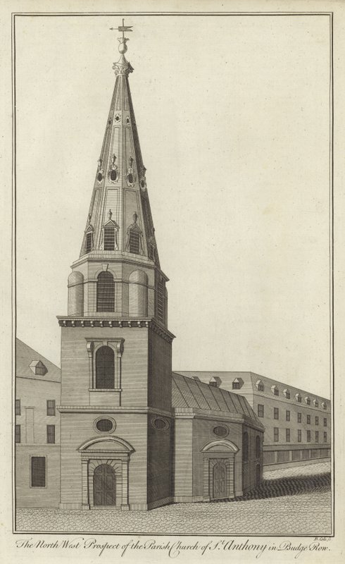 Het noordwestelijke aanzicht van de parochiekerk van St Anthony in Budge Row, Londen door English School