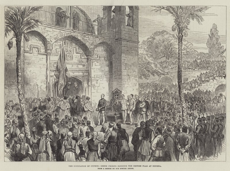 De bezetting van Cyprus, Griekse priesters zegenen de Britse vlag in Nicosia (gravure) door English School