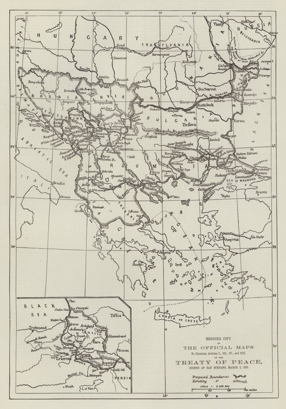 De officiële kaarten van het vredesverdrag, ondertekend in San Stefano, 3 maart 1878 door English School