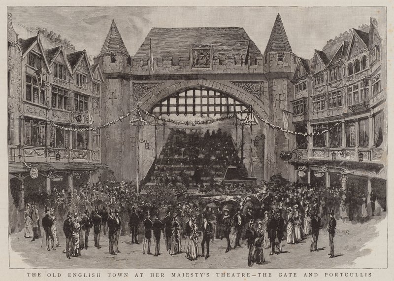 De Oude Engelse Stad bij het Theater van Hare Majesteit, de Poort en het Valhek door English School