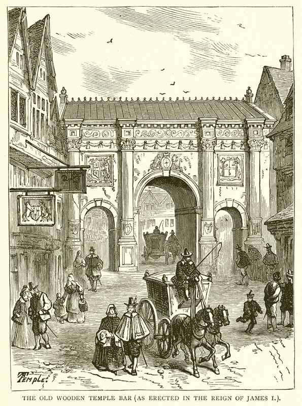 De Oude Houten Temple Bar (opgericht tijdens het Regeer van Jacobus I) door English School