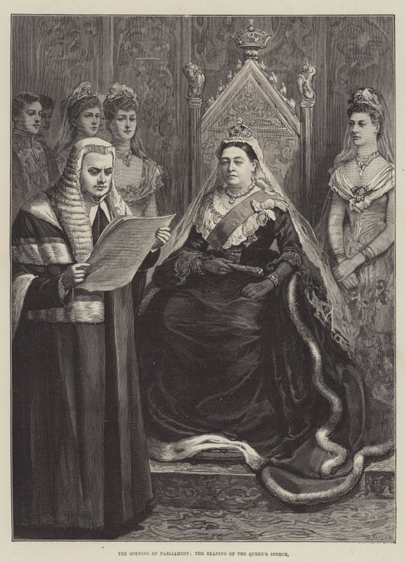 De opening van het parlement, het voorlezen van de toespraak van de koningin door English School
