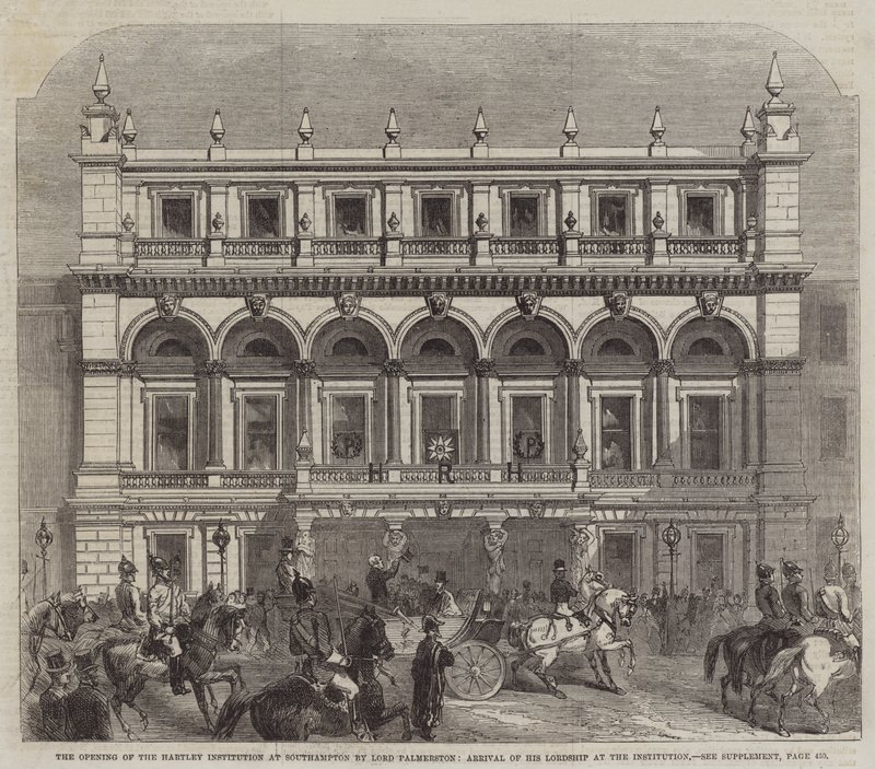 De opening van het Hartley Instituut in Southampton door Lord Palmerston, aankomst van Zijne Edelheid bij het instituut door English School