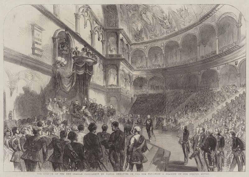 De Opening van het Nieuwe Italiaanse Parlement door Victor Emmanuel op de 18e Ult door English School