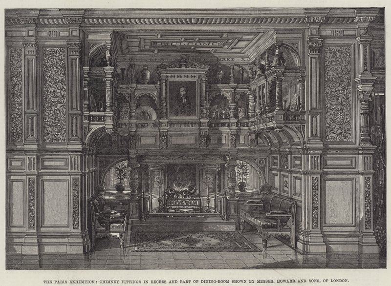 De Parijse tentoonstelling, schoorsteeninrichtingen in nis en deel van eetkamer getoond door Messers Howard and Sons, uit Londen (gravure) door English School