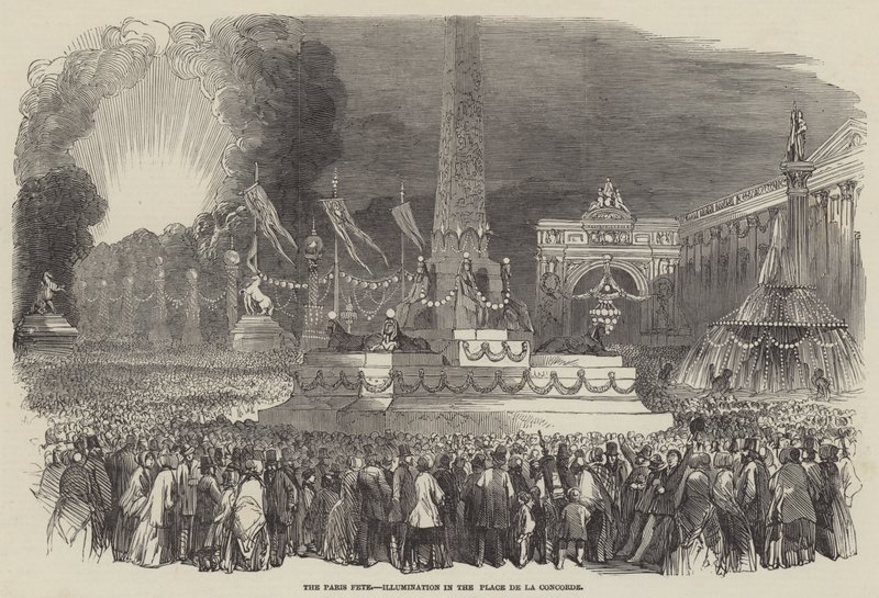 Het Parijse feest, verlichting op de Place de la Concorde (gravure) door English School