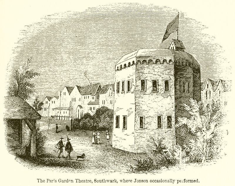 Het Paris Garden Theater, Southwark, waar Jonson af en toe optrad door English School