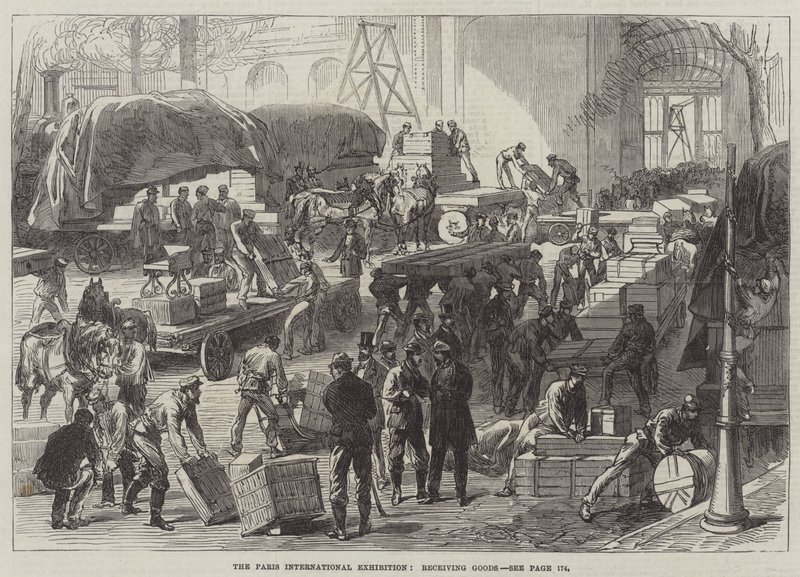 De Parijse Internationale Tentoonstelling, ontvangst van goederen (gravure) door English School