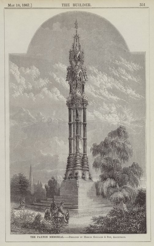 Het Paxton Gedenkteken, ontworpen door Messrs Goddard en Zoon, Architecten (gravure) door English School