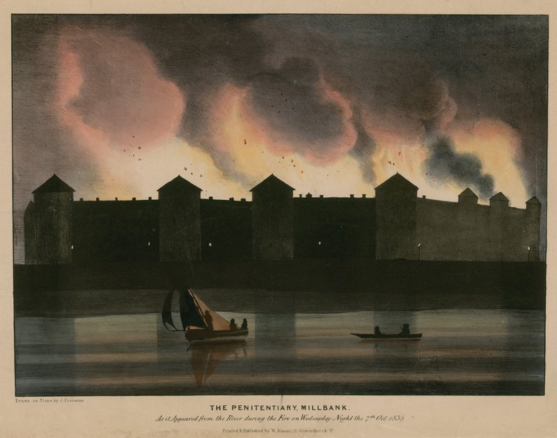De Penitentiaire inrichting, Millbank, Londen, zoals het verscheen vanaf de rivier tijdens de brand in de nacht van 7 oktober 1835 door English School
