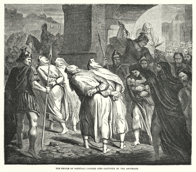 Het volk van Naftali in ballingschap gevoerd door de Assyriërs (gravure) door English School