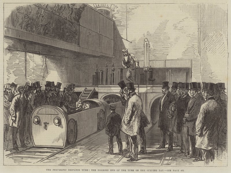 De Pneumatische Verzendbuis, het Holborn Einde van de Buis op de Openingsdag door English School