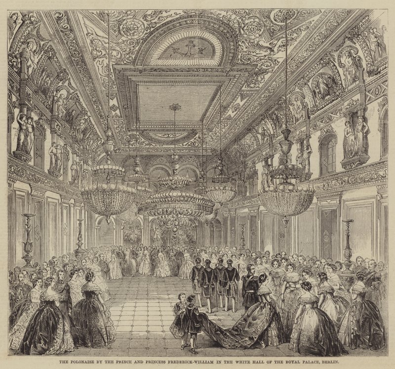 De Polonaise door de prins en prinses Frederick-William in de Witte Zaal van het Koninklijk Paleis, Berlijn (gravure) door English School