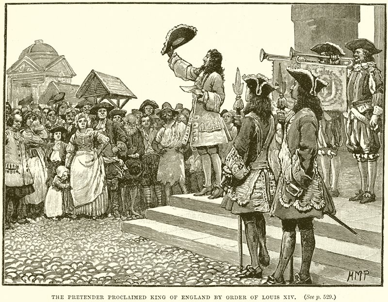 De Pretendent Uitgeroepen tot Koning van Engeland op Bevel van Lodewijk XIV door English School