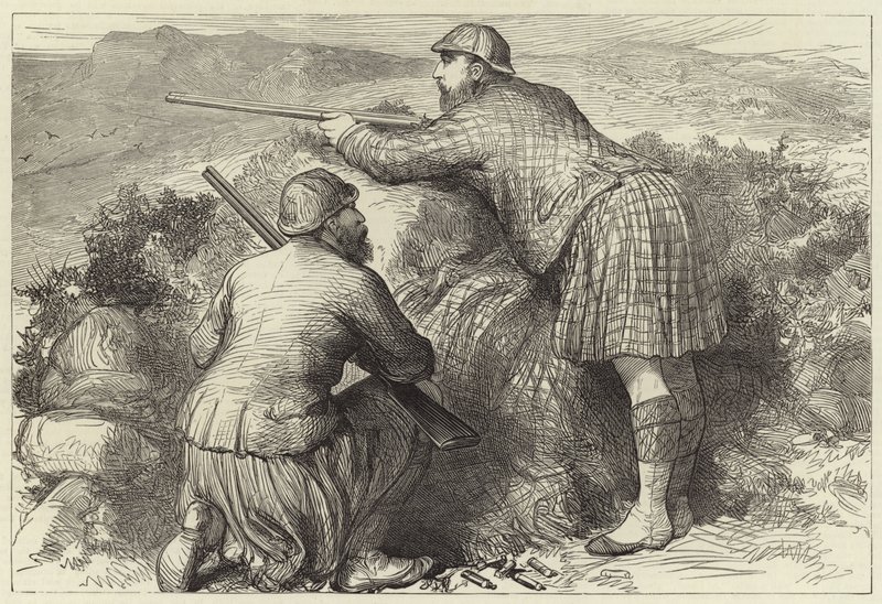 De Prins van Wales op korhoenjacht in de hooglanden door English School