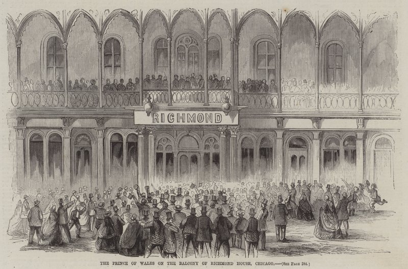 De Prins van Wales op het balkon van Richmond House, Chicago door English School