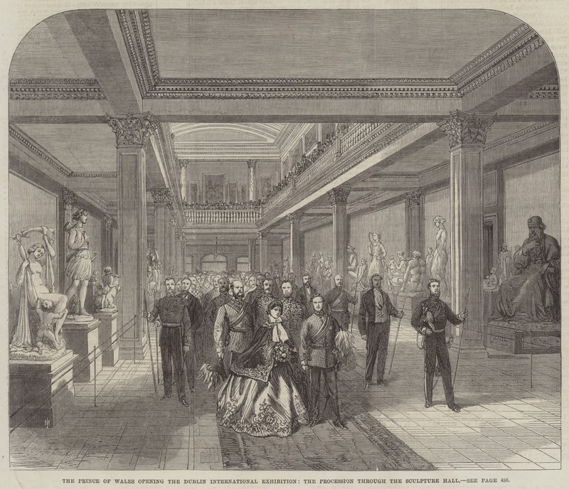 De Prins van Wales opent de Dublin Internationale Tentoonstelling, de Processie door de Beeldhouwzaal (gravure) door English School