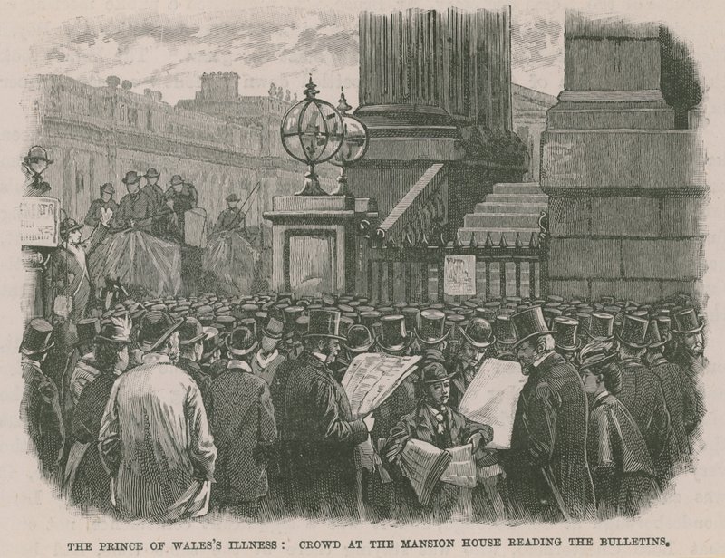 De ziekte van de Prins van Wales: Menigte bij het Mansion House leest de bulletins door English School