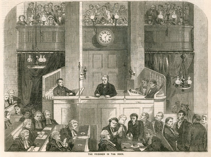 De gevangene in het beklaagdenbankje, de Old Bailey door English School