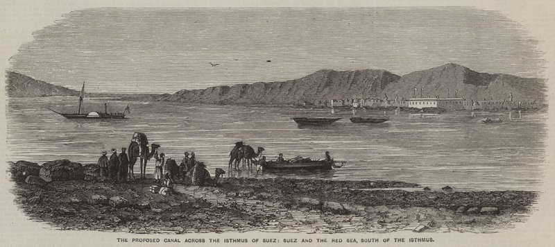 Het voorgestelde kanaal over de landengte van Suez, Suez en de Rode Zee, ten zuiden van de landengte (gravure) door English School