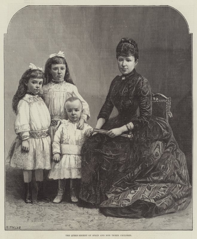 De koningin-regentes van Spanje en haar drie kinderen door English School