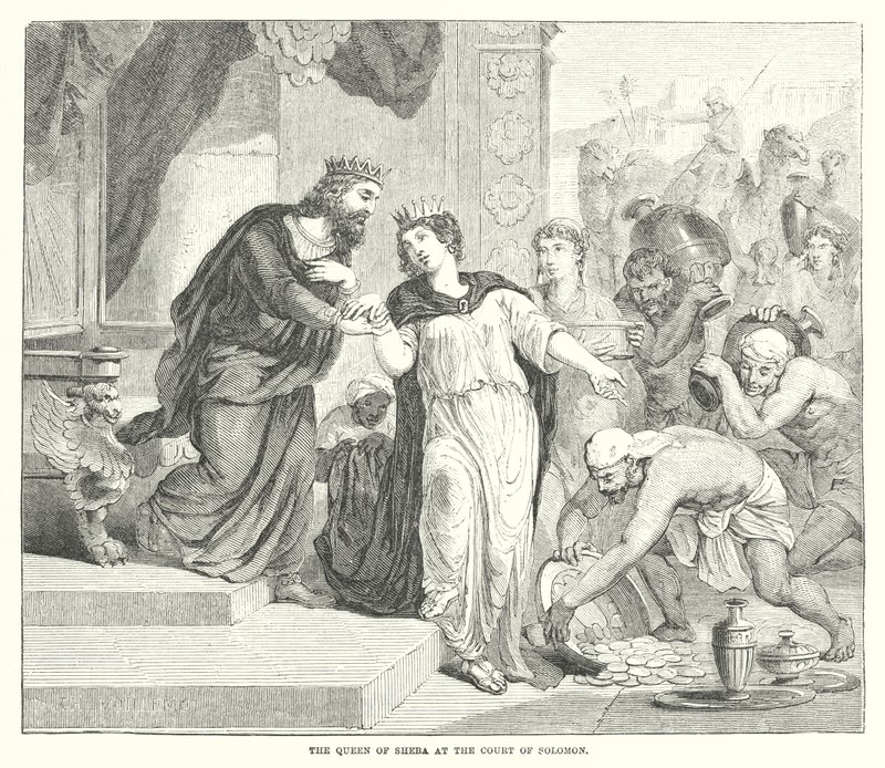 De koningin van Sheba aan het hof van Salomo (gravure) door English School