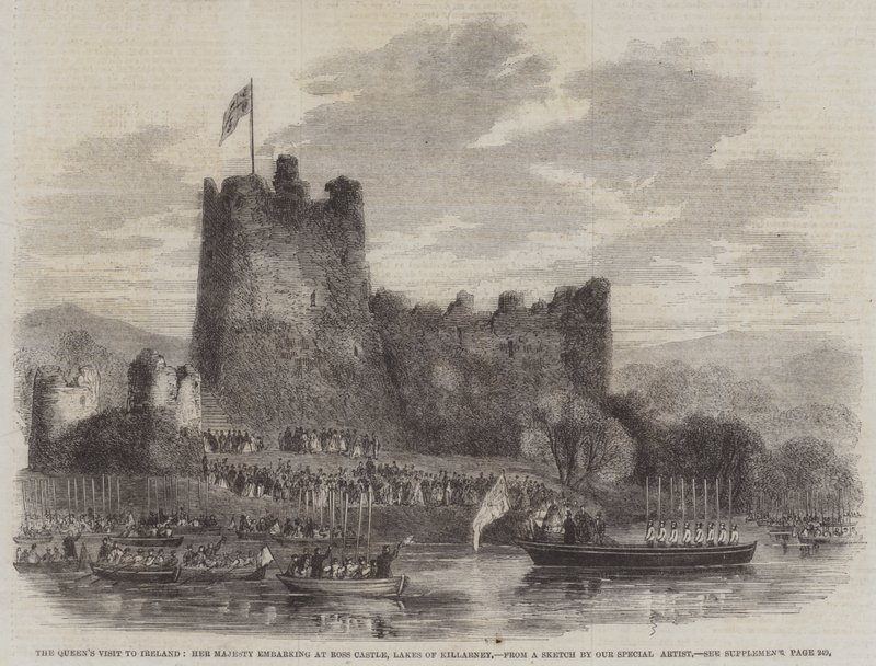 Het Bezoek van de Koningin aan Ierland, Hare Majesteit aan boord bij Ross Castle, Meren van Killarney door English School
