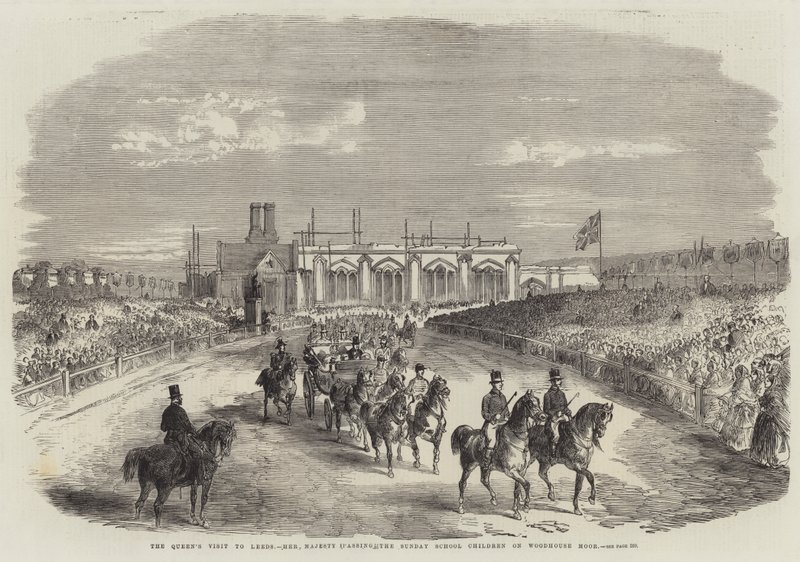 Het Bezoek van de Koningin aan Leeds, Hare Majesteit passeert de Zondagschoolkinderen op Woodhouse Moor (gravure) door English School