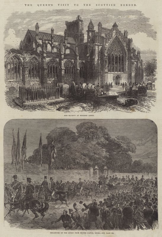 Het bezoek van de koningin aan de Schotse grens (gravure) door English School