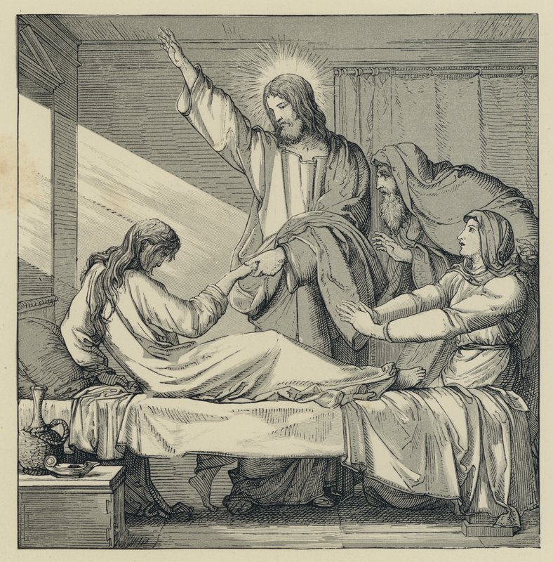 De Opwekking van de Dochter van Jairus (gravure) door English School