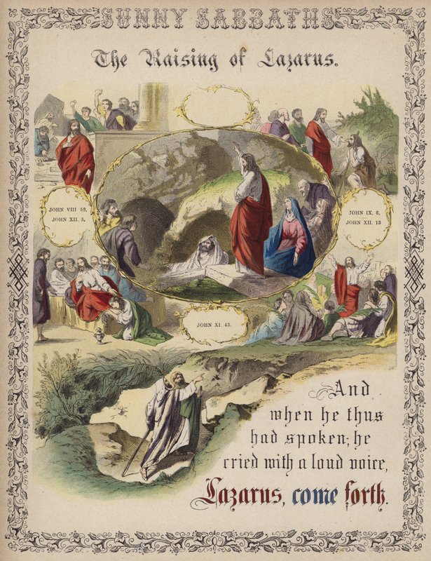 De Opwekking van Lazarus (gekleurde gravure) door English School
