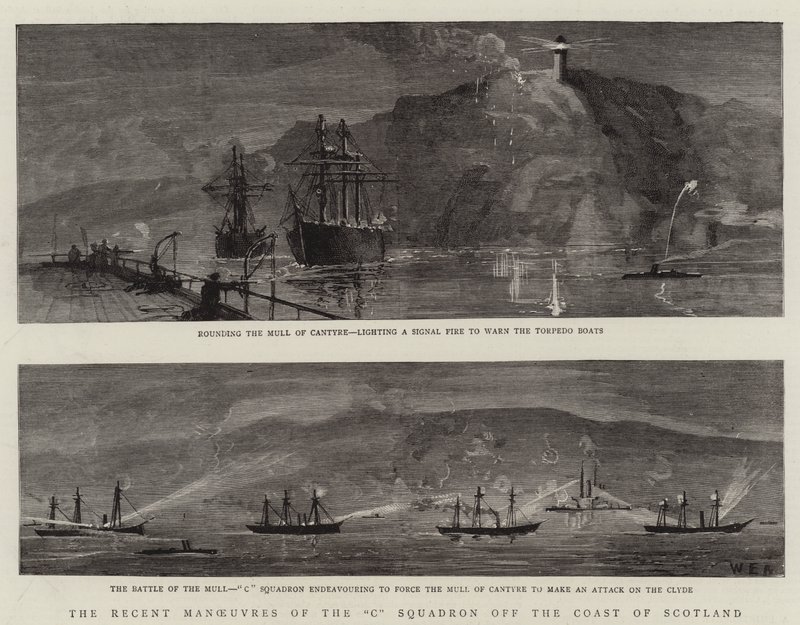 De recente manoeuvres van het "C"-eskader voor de kust van Schotland (gravure) door English School