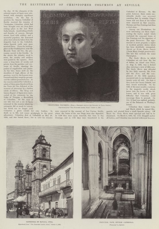 De herbegrafenis van Christoffel Columbus in Sevilla (gravure) door English School