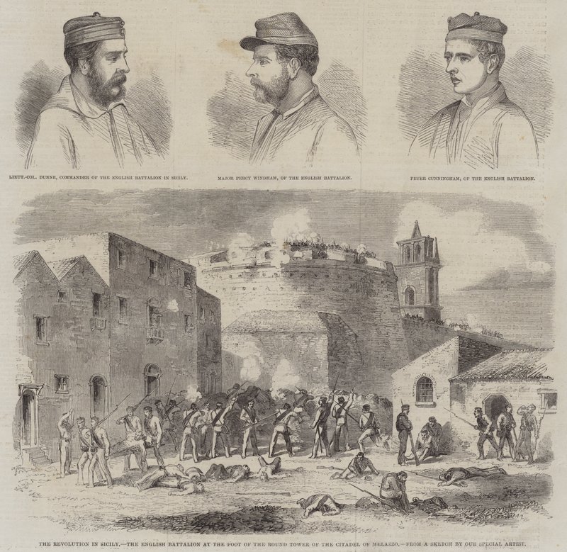 De revolutie in Sicilië, het Engelse bataljon aan de voet van de ronde toren van de citadel van Melazzo (gravure) door English School