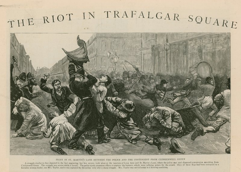 De rel in Trafalgar Square: Gevecht in St Martins Lane tussen de politie en de groep van Clerkenwell Green door English School
