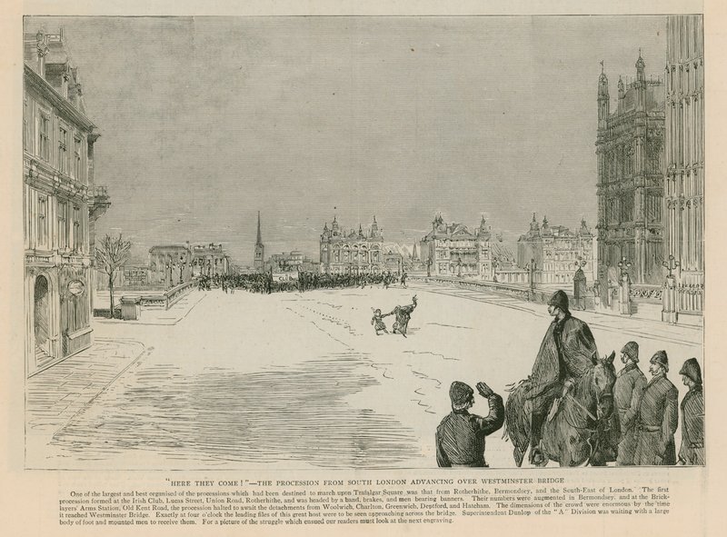 De rel in Trafalgar Square: Hier komen ze - de processie uit Zuid-Londen die over Westminster Bridge komt door English School