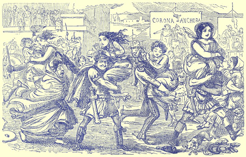 De Romeinen nemen de Sabijnse vrouwen mee, illustratie uit De Komische Geschiedenis van Rome door Gilbert Abbott a Beckett, gepubliceerd ca. 1850 door English School