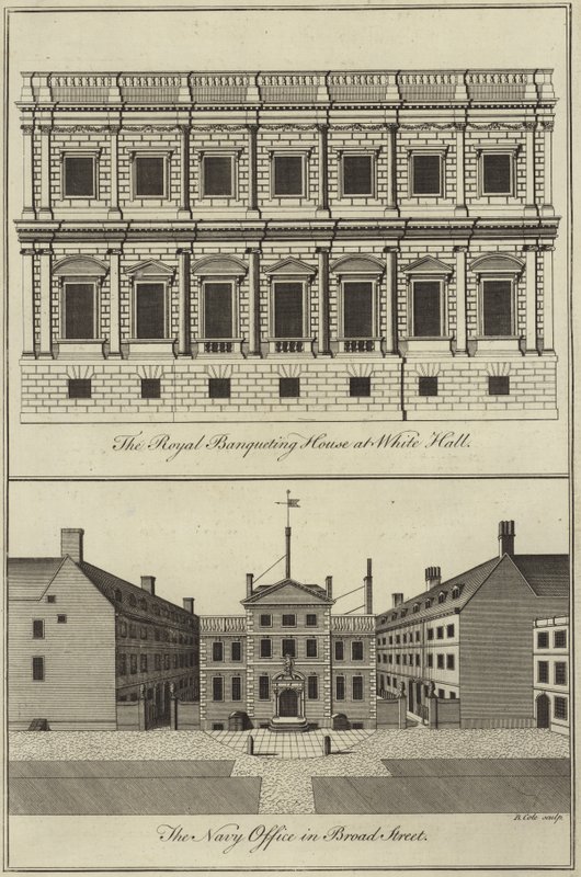 Het koninklijk banketgebouw in Whitehall en het marinekantoor in Broad Street, Londen door English School