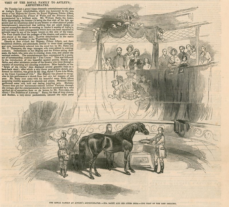 De Koninklijke Familie in Astleys Amphitheatre, Londen - De heer Batty en zijn paard Beda door English School