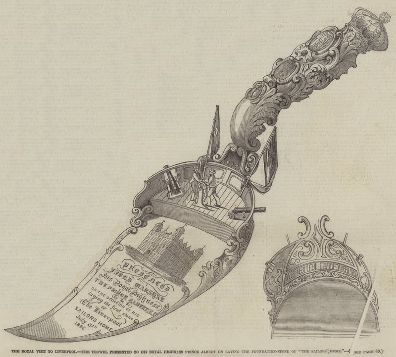 Het Koninklijk Bezoek aan Liverpool, de Troffel gepresenteerd aan Zijne Koninklijke Hoogheid Prins Albert bij het leggen van de Eerste Steen van "Het Zeemanshuis" door English School