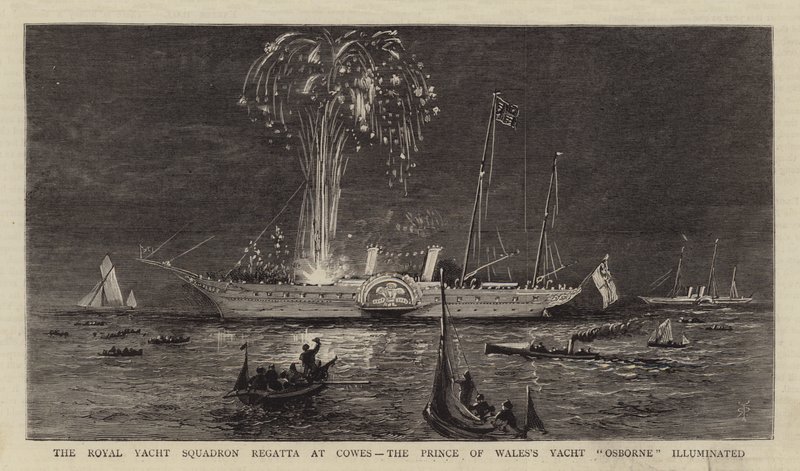 De koninklijke jachtclubregatta in Cowes, het jacht "Osborne" van de Prins van Wales verlicht door English School