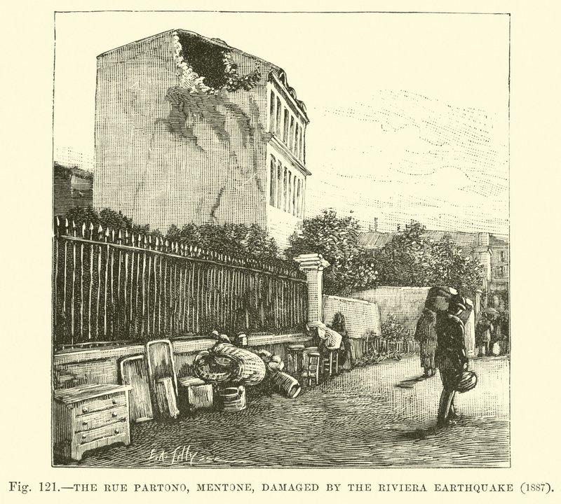 De Rue Partono, Mentone, beschadigd door de aardbeving aan de Rivièra, 1887 door English School