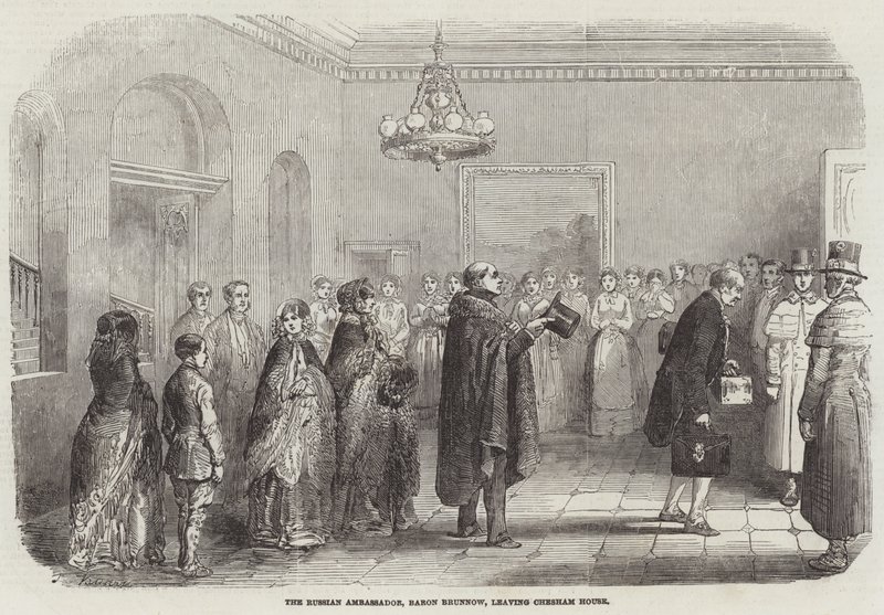 De Russische Ambassadeur, Baron Brunnow, verlaat Chesham House door English School